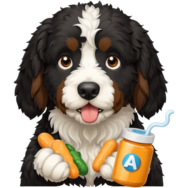 A black Bernedoodle eating a bunch of Advil  emoji