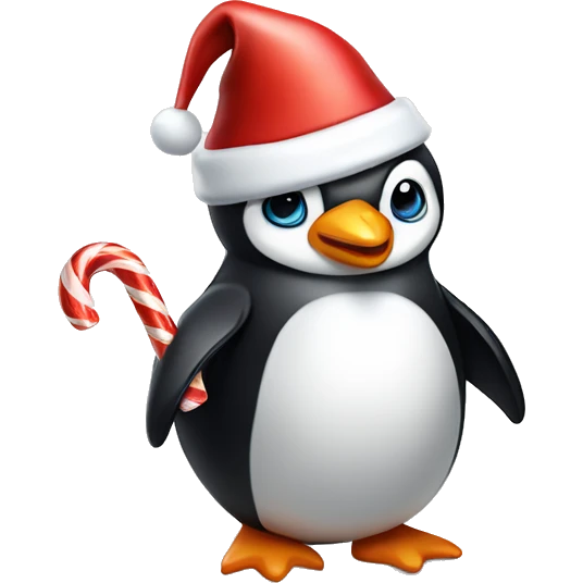 Cute penguin wearing a Santa hat and having a candy cane in its beak emoji