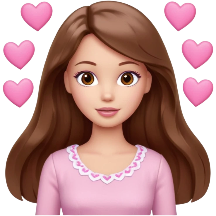Barbie girl brown long straight wavy hair and brown eyes is In pale pink clothes There are pink hearts all around emoji