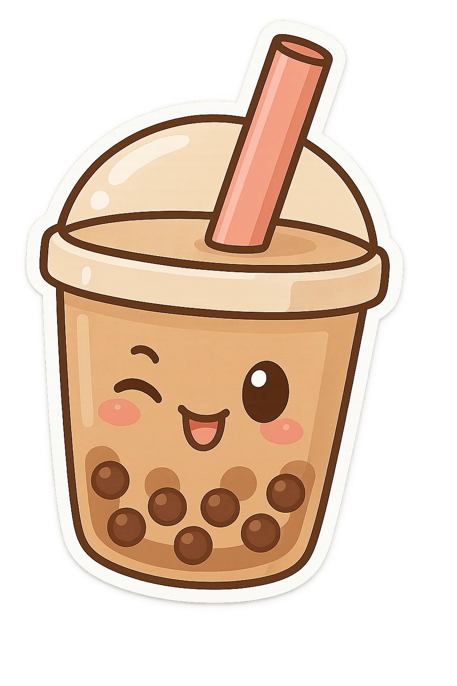 chibi sticker-style bubble tea with a winking face, cute and exaggerated emoji