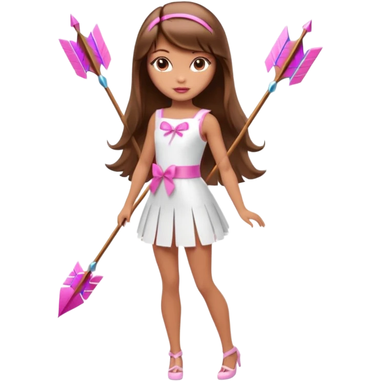 Hada sexy cupido pequeña  de cabello largo lacio castaño con flequillo y ojos cafés  vestida con algo sensual corto color blanco o rojo arco delgado con un color que combinen   y flechas  igual delgadas  que combinen y labios rosas tipo Barbie pero en hada cupido de cuerpo completo ojos sexys  emoji