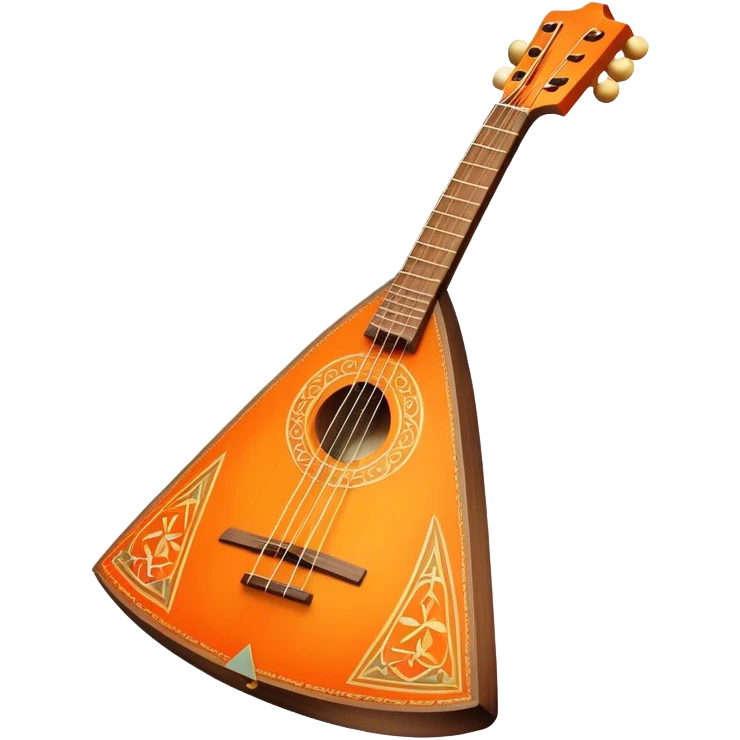 Create a traditional and vibrant emoji representing a Russian balalaika. The design should feature the distinctive triangular shape of the balalaika with three strings, a beautifully crafted wooden body, and visible tuning pegs. Add musical notes around the instrument to emphasize its cultural significance and melodic sound. Use warm, rich colors like natural wood tones, bright orange, and gold accents to evoke the authenticity of Russian folk music. The background should be transparent. emoji