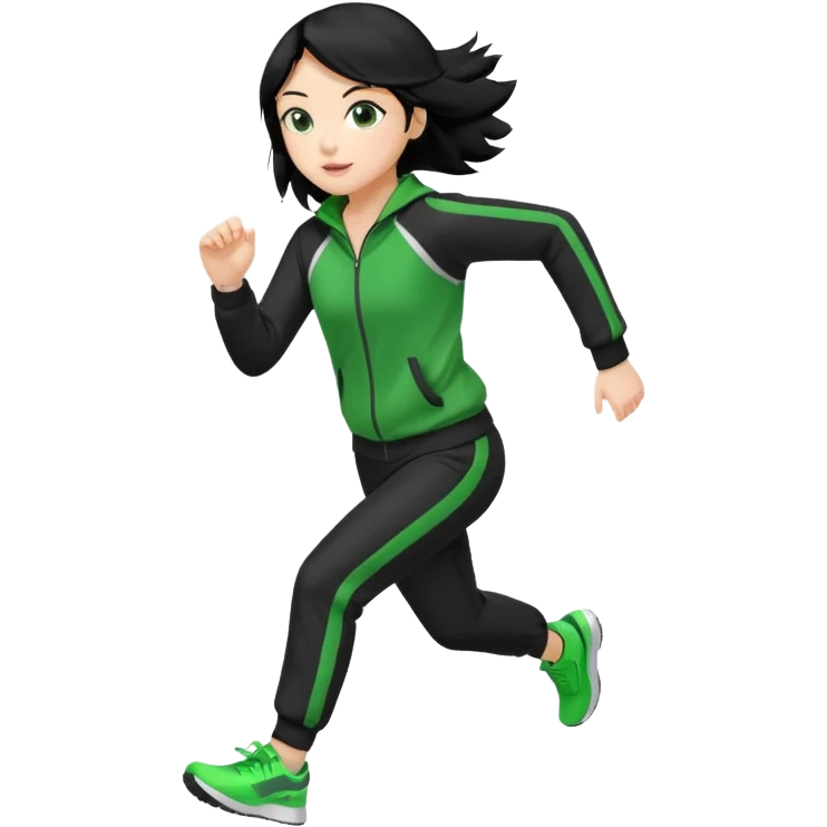 Girl with black hair and green and black track suit running emoji