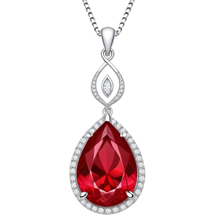 teardrop ruby pendant with fiery light, tiny phoenix feather, haloed by shimmering white stones, silver chain, symbolizing rebirth emoji