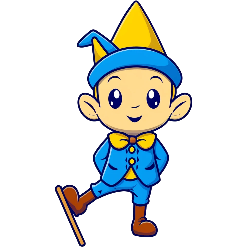 Cartoon Pinocchio puppet with growing long nose, blue outfit and pointed hat emoji