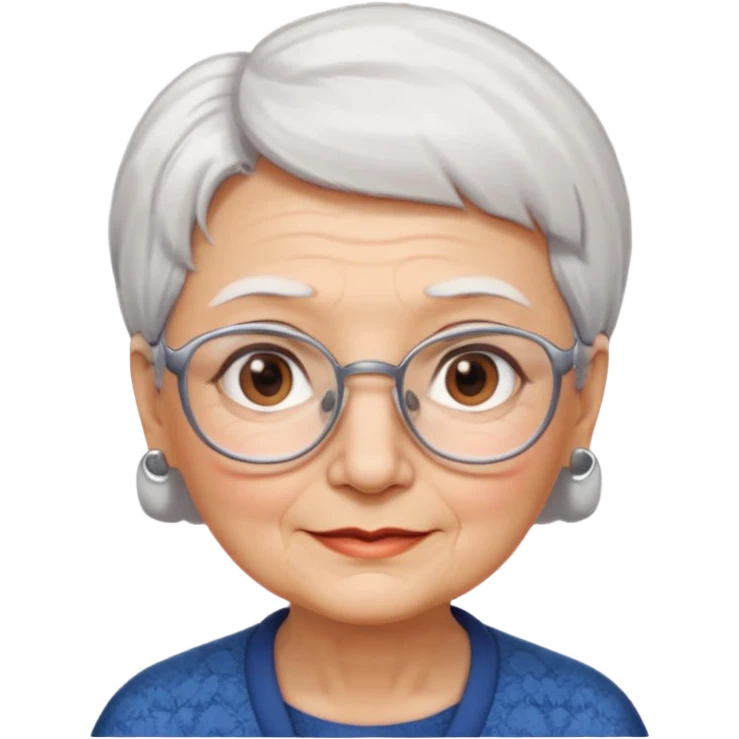 Create me emoji of an old lady. Short white hair to left side. Square glasses. Brown eyes. Rounded really big and really wide face. Wide nose.  emoji