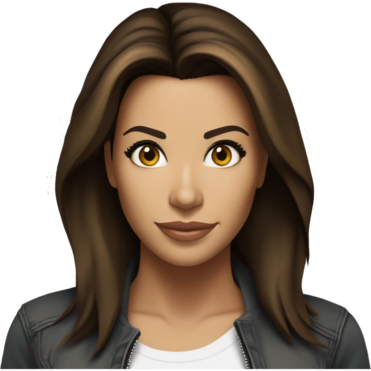 3/4 face, contrasted, shadow, light, Eva Longoria expression, standing from a distance, thin nose, brunette woman, hazel eyes, long eyelashes, dark shoulder shaded hair, white t-shirt, jeans, white sneakers emoji