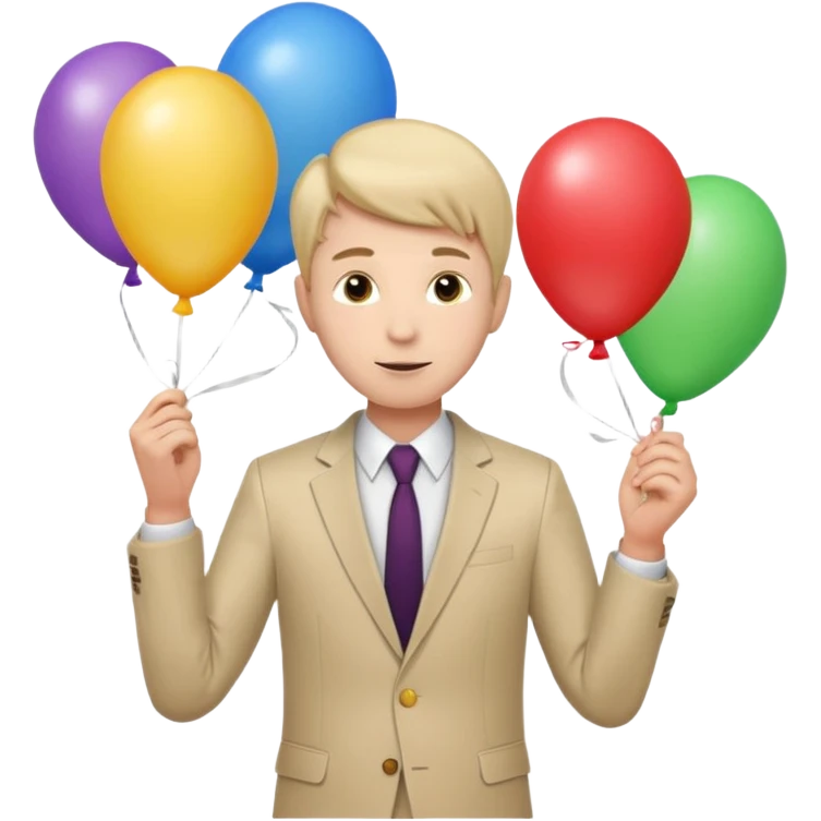 birthday  boy in biege suit + baloons emoji