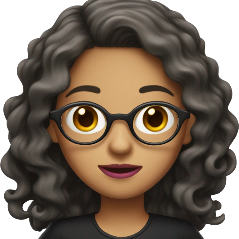 dark wavy long hair nerd girl, wearing a black dress, pink mouth emoji