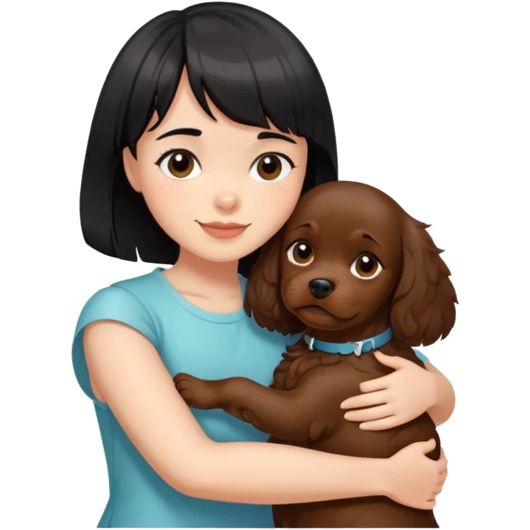 A girl with short black hair and bangs happily hugs a brown cocker spaniel emoji