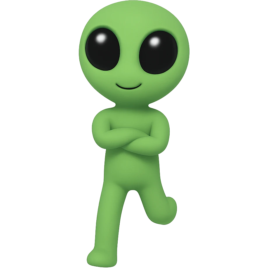An alien dancing in neon green, almost identical to the reference image, with arms crossed and a slightly changed pose for animation frame 10. PNG with transparent background. emoji