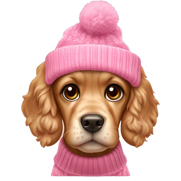 a cocker spaniel puppy in a pink Christmas sweater with a pink beanie emoji