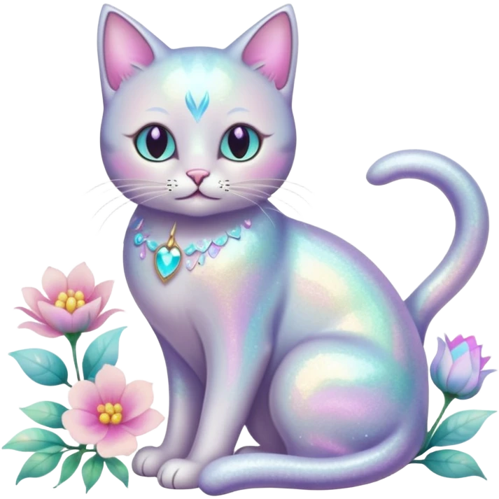Pastel iridescent shiny glossy ethereal fantasy glittery cat with flowers and pastel colors aesthetic emoji