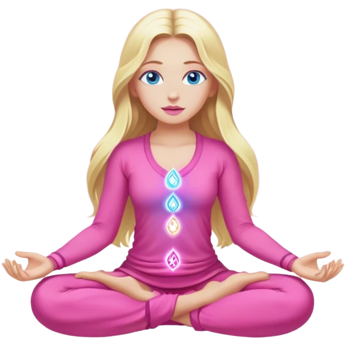 Cinematic realistic blonde with long hair, blue eyes and pink lips, wearing pink clothes, meditating, her chakras glowing emoji
