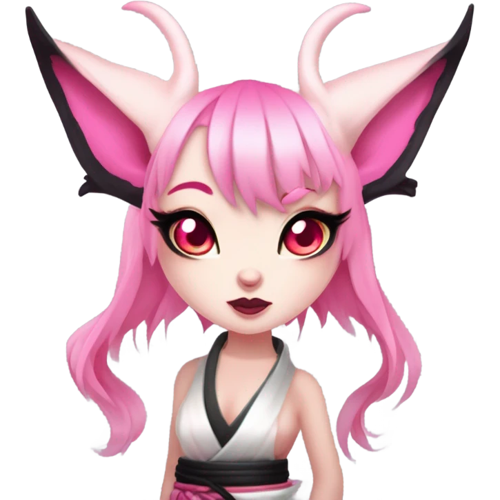 Full body female, succubus kitsune, neon pink eyes, vibrant pink hair, alabaster skin, fluffy black tails, pink tail tips, spiked choker, unique heritage, seductive charm, rebellious spirit, traditional kimonos, spiked anklets, and Barefoot 
 emoji