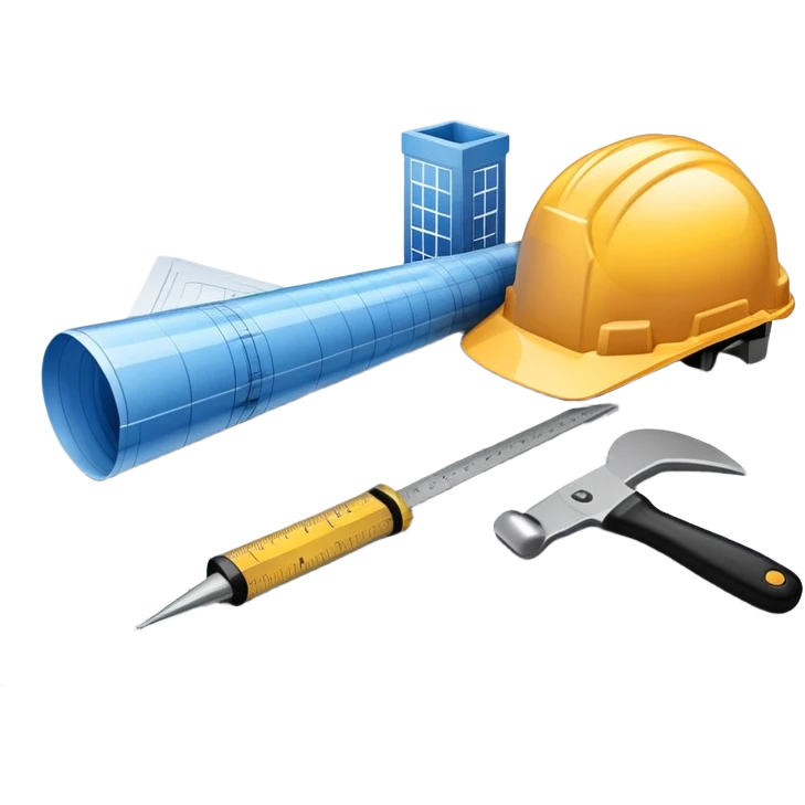 An icon featuring a blueprint, a hard hat, and construction tools, symbolizing architecture and construction. The design includes a ruler, building materials, and a skyscraper, representing the design and building process. Transparent background highlights the art and science of creating structures. emoji