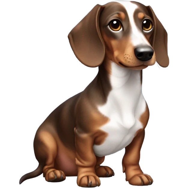 a dachshund, features a smooth coat with a white body patterned with dark brown patches and a brown head shaded with darker tones. With one eye dark brown and the other one blue  emoji