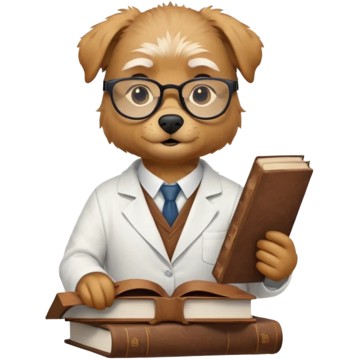 Wise grif with glasses, wearing a lab coat, perched on a stack of books. emoji