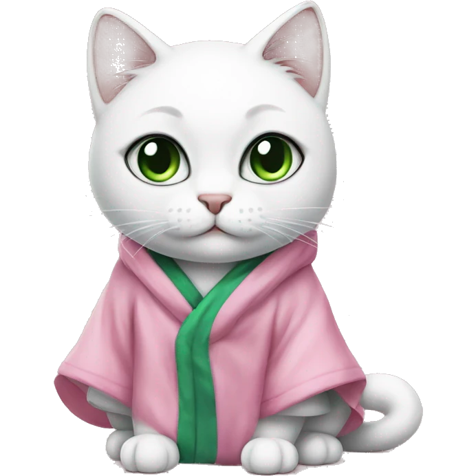 A white cat with big black spots and green eyes in a pink robe emoji