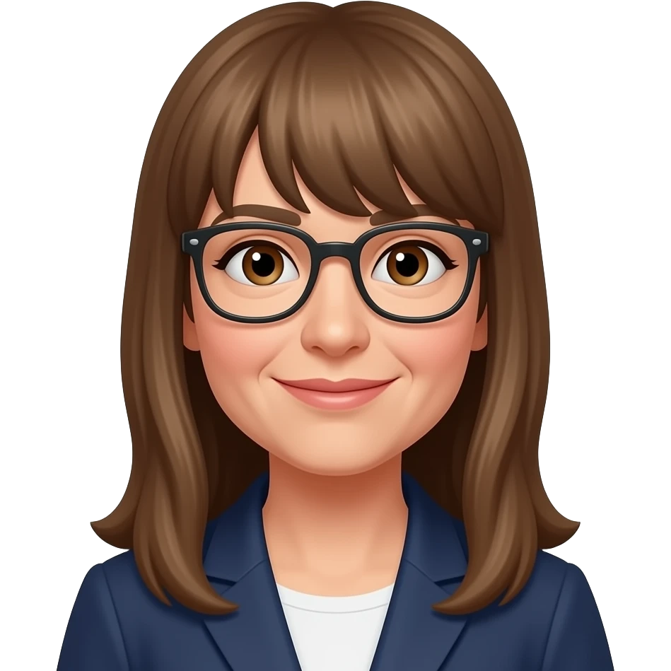 frau um die 50 mit langen braunen haaren und pony, braune augen  augen bissel kleiner, grüßend, gesicht schmaler7 emoji