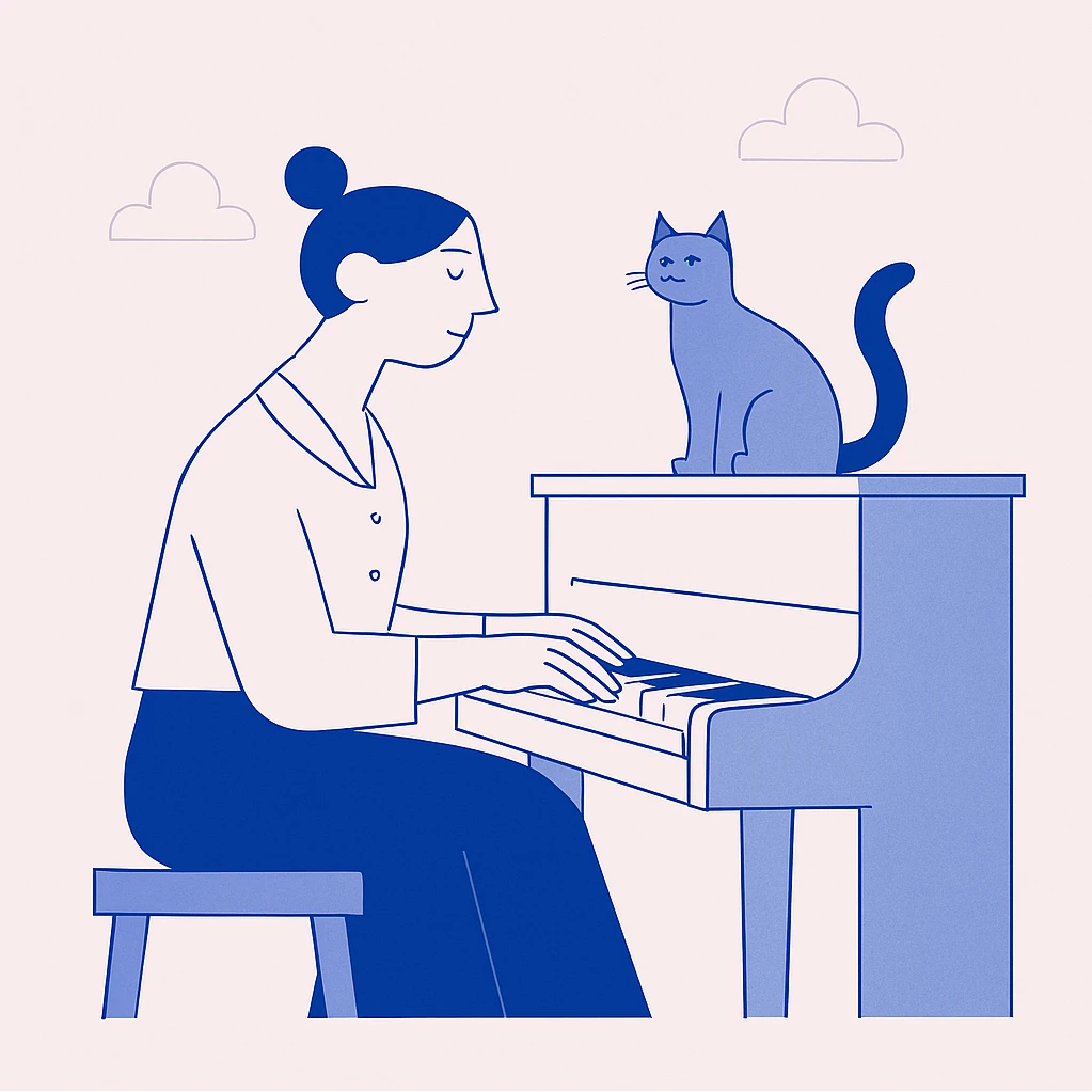 person playing piano with her cat sitting on the piano emoji