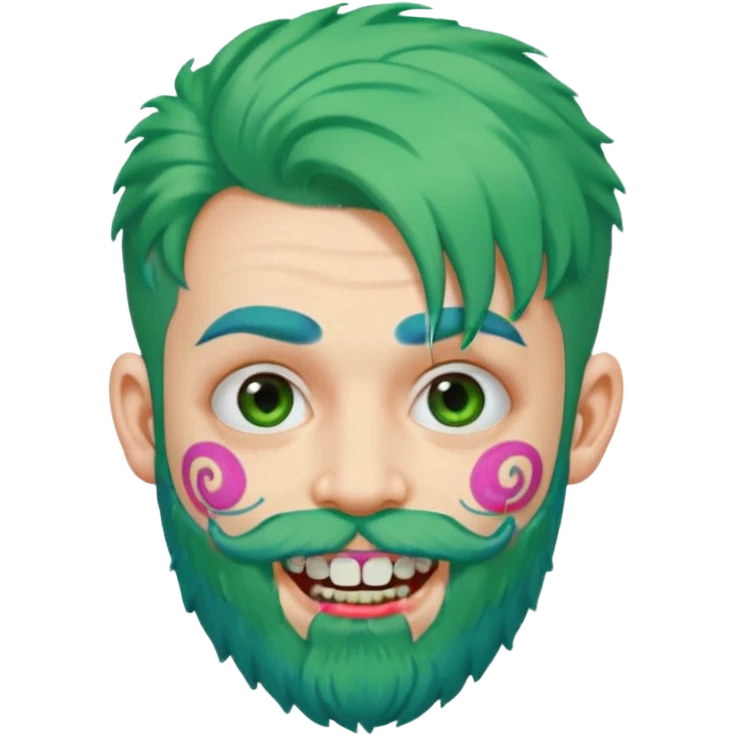 very colorful puffy green haired man just beard  no mustache made out of candy wearing teeth-braces and excessive face tattoos just face  emoji