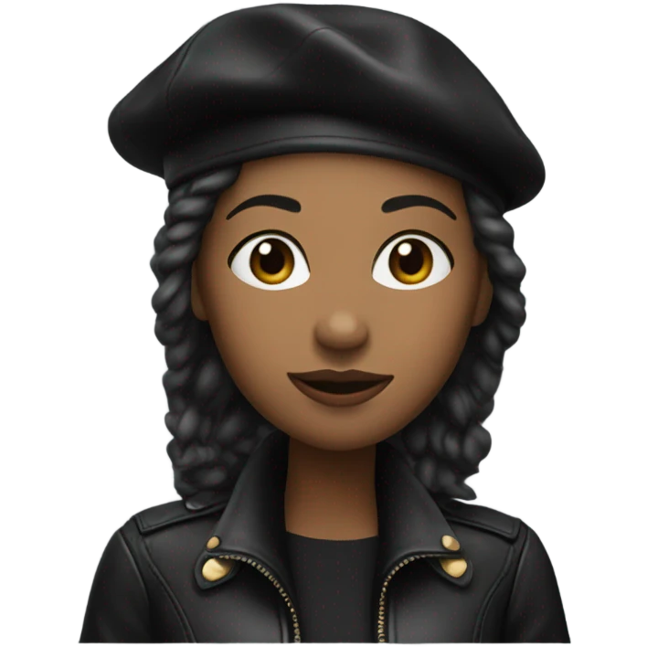 An African American woman wearing a black leather jacket and black beret emoji