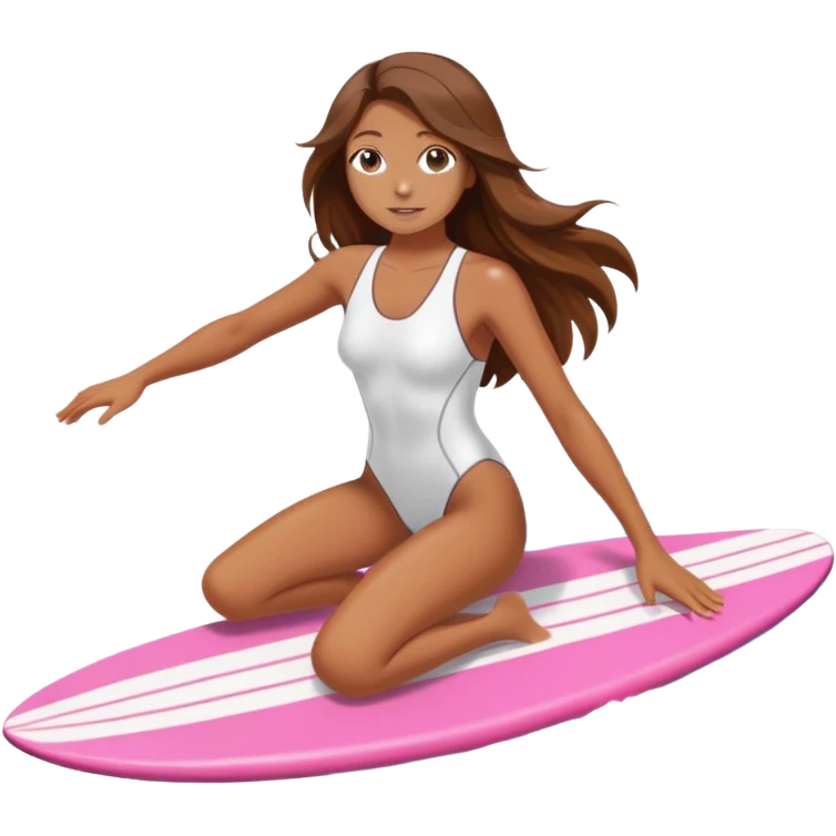 Girl with long brown hair surfing at pink short board in the white swimsuit  emoji