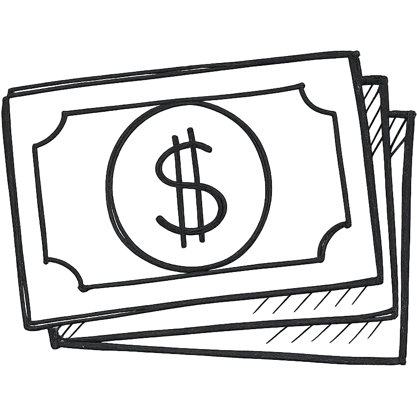 money icon, hand drawn style, sketchy black outlines, no fill, playful emoji
