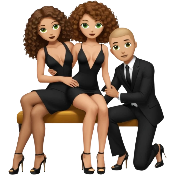 Sensual woman green eyes woman only brown long curly hair evil,with 7 inch platform stripper high heels long low cut black dress, man is touching woman’s butt, sitting on a buzz cut hair brownman’s pimp lap, holdingwomans butt man is wearing a black suit emoji