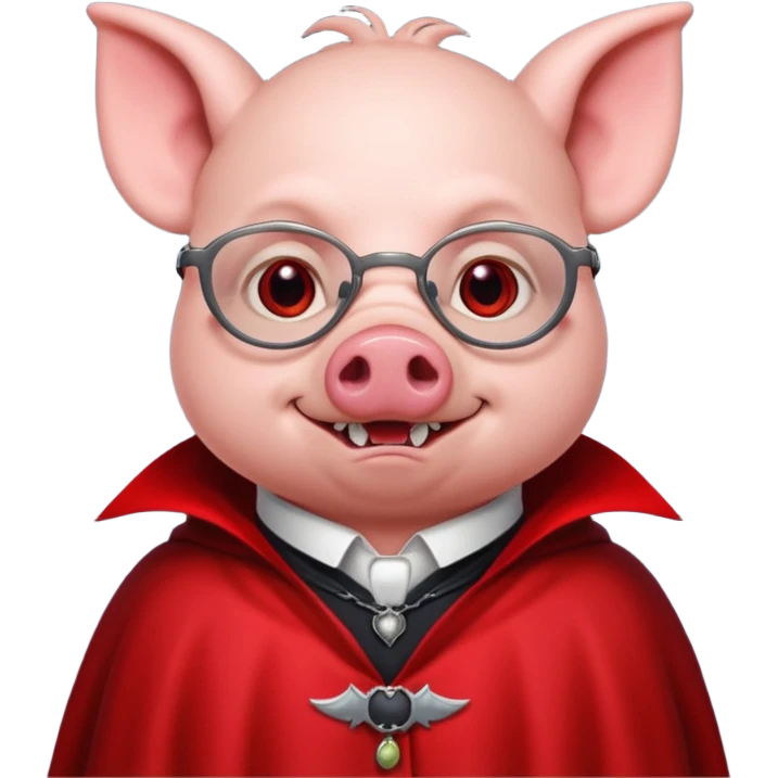 Vampire animal, pig in red collar cloak, red eye, fangs, classes emoji
