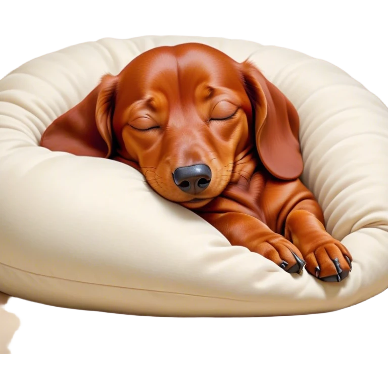 Cinematic Meme-Worthy Chubby Sleeping Red Dachshund Portrait Emoji, Head resting peacefully with a contented smile, showcasing a delightfully chubby, elongated build and a luxuriously soft red coat, eyes shut in a serene nap, Simplified yet hilariously adorable features, highly detailed, glowing with a soft, drowsy light, high shine, relaxed and utterly lovable, stylized with an air of playful laziness, bright and heartwarming, soft glowing outline, capturing the essence of a comically sleepy companion, so meme-worthy it feels like it could instantly become the next viral sensation of adorable slumber! emoji