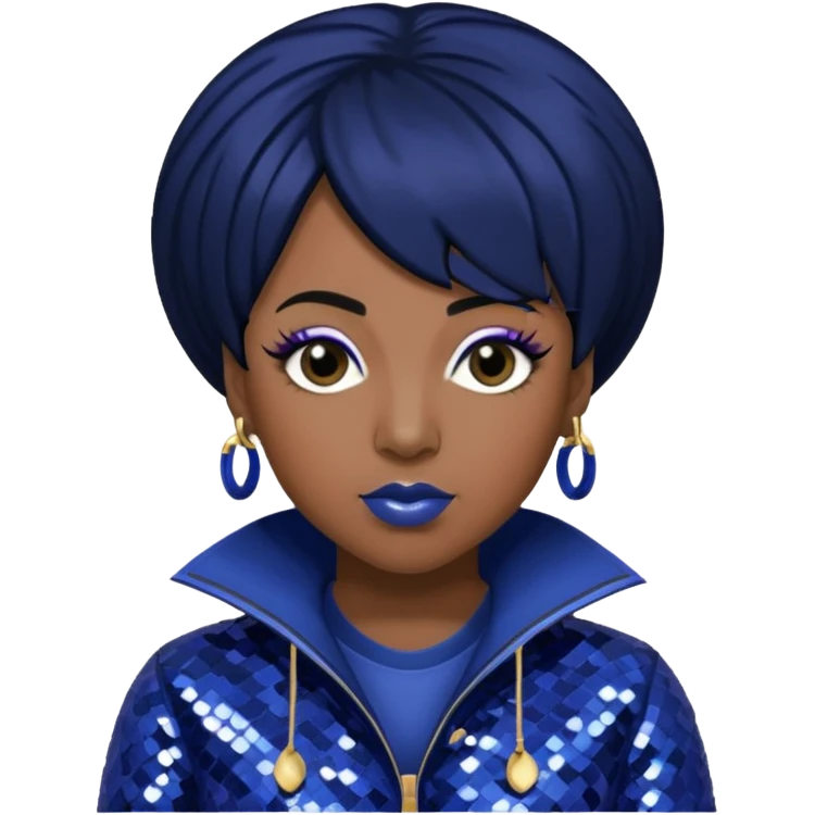 Missy Elliott with jet black hair, indigo sequin outfit emoji