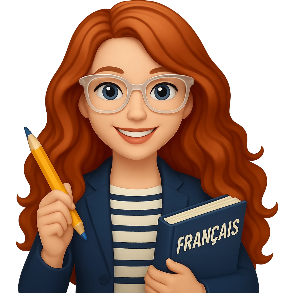 Make her hair even longer and wavier, and make her glasses clear-framed. Keep her as a French teacher in a casual chic outfit, holding a pencil and a French textbook, smiling. The style should resemble emoji style. Remove the background. emoji