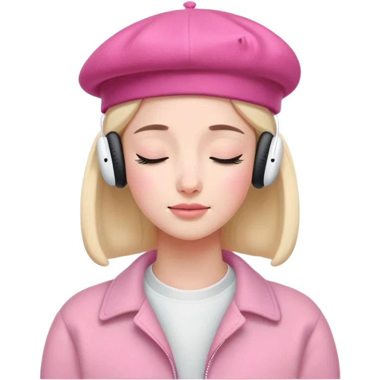 girl wearing a pink beret and AirPods Max headphones, listening to music with closed eyes emoji