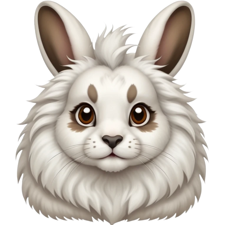 White Lionhead rabbit with dark brown spots, with one ear up and one ear down emoji