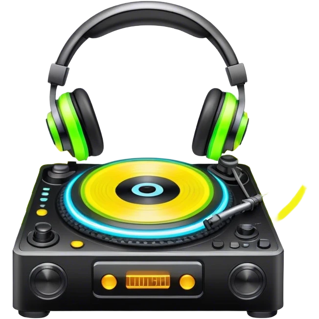 Create a dynamic and modern emoji that represents electronic music and DJing. The design should feature a turntable, DJ headphones, and glowing sound waves or a waveform, symbolizing the energy of mixing and electronic beats. Incorporate vibrant neon colors (e.g., electric blue, neon pink, or green) to represent the futuristic and pulsating nature of electronic music. The background should be transparent, with subtle details of flashing lights or abstract patterns to evoke the nightclub or festival atmosphere. emoji