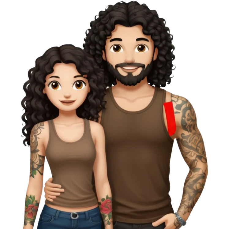 a pretty bratz fair girl with black long curly hair in a brown tank top with tattoos standing with a handsome tattooed tall guy emoji