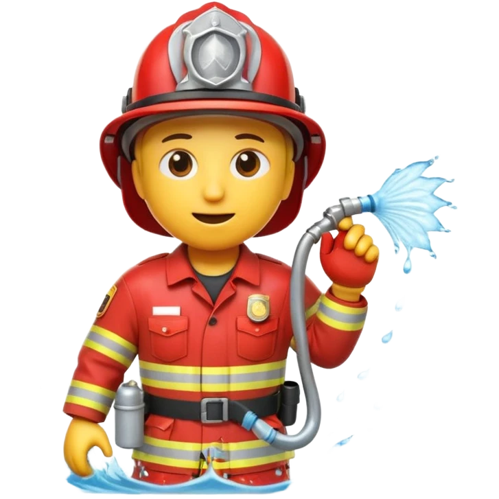 A 3D Apple-style yellow emoji character dressed as a firefighter in a bright red uniform and helmet, holding a fire hose spraying water forward, determined expression with cartoonish eyes, water splashing effect, clean minimal background emoji