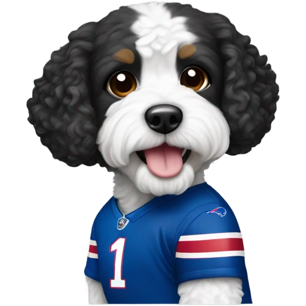 Black and white Cavapoo wearing bills jersey emoji