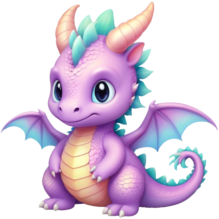 Cinematic fluffy pastel dragon, tiny round wings, chubby feet, sparkling gentle eyes, delicate glowing scales, soft colors blending magically, enchanting and whimsical. emoji
