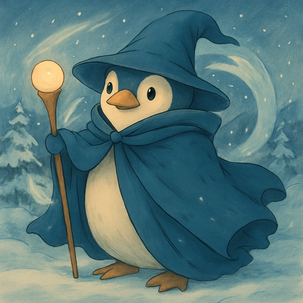 Add a snowy landscape background behind the ghibli style penguin wizard, keep all original colors and style emoji