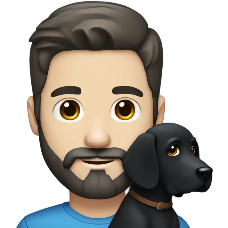 Dark hair blue eyes man beard and mustache holding black Labrador  emoji
