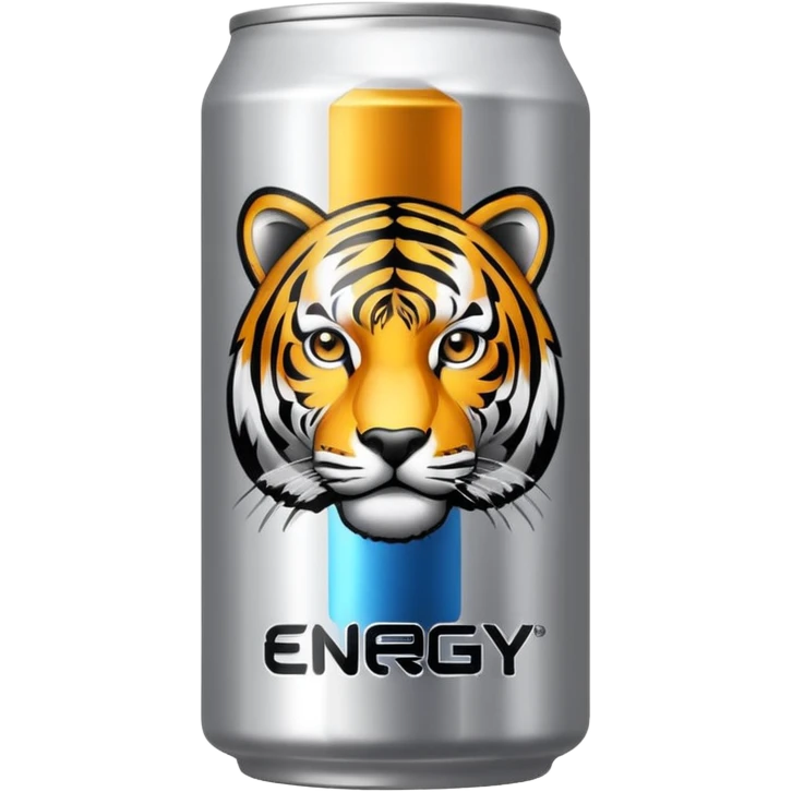 energy drink with with silver background color and a tiger on it also have sign and written as like energy drinks emoji