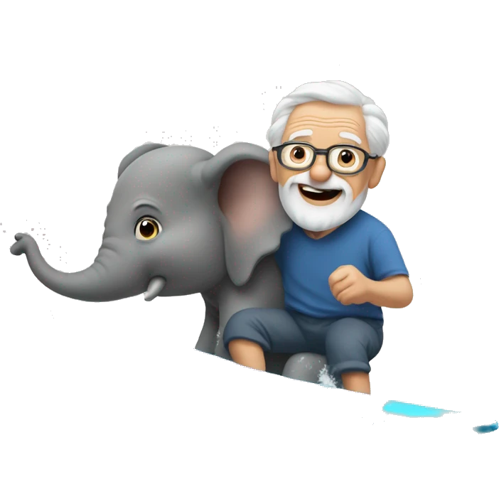 Grandpa surfs on the waves holding an elephant in his hands emoji