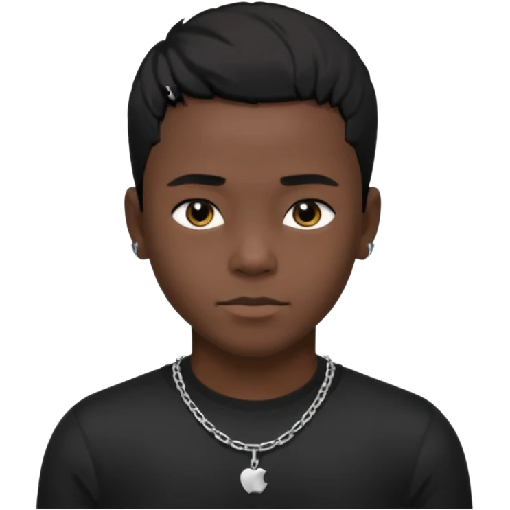 Generate a emoji of a black boy with dark skin, wearing a black compressed T-shirt, with short 4C black hair and make him wearing a silver chain, and make the chain thin emoji