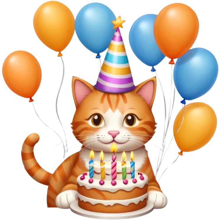 Ginger cat celebrates birthday, birthday hat, birthday cake, balloons, happy emoji