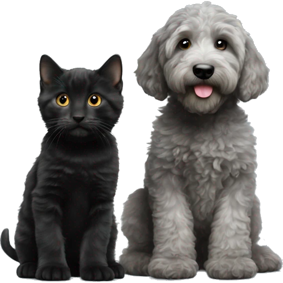 Grey labradoodle puppy next to a black kitten emoji