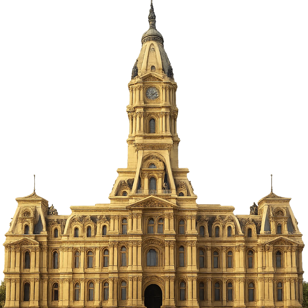 cinematic, realistic emoji of Philadelphia City Hall, straight-on perspective, featuring majestic, ornate architecture, lifelike detail, bright regal lighting as on a sunny day, accurate building colors emoji