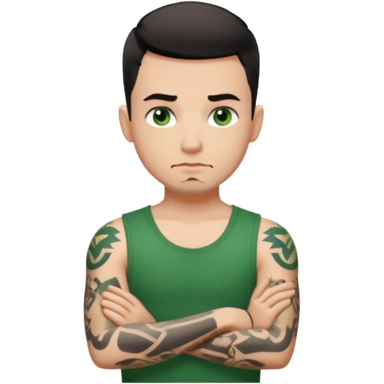 White young man with short black taper fade hair cut and slight goatee and neutral expression with his arms folded. Green eyes and black arm tattoos emoji